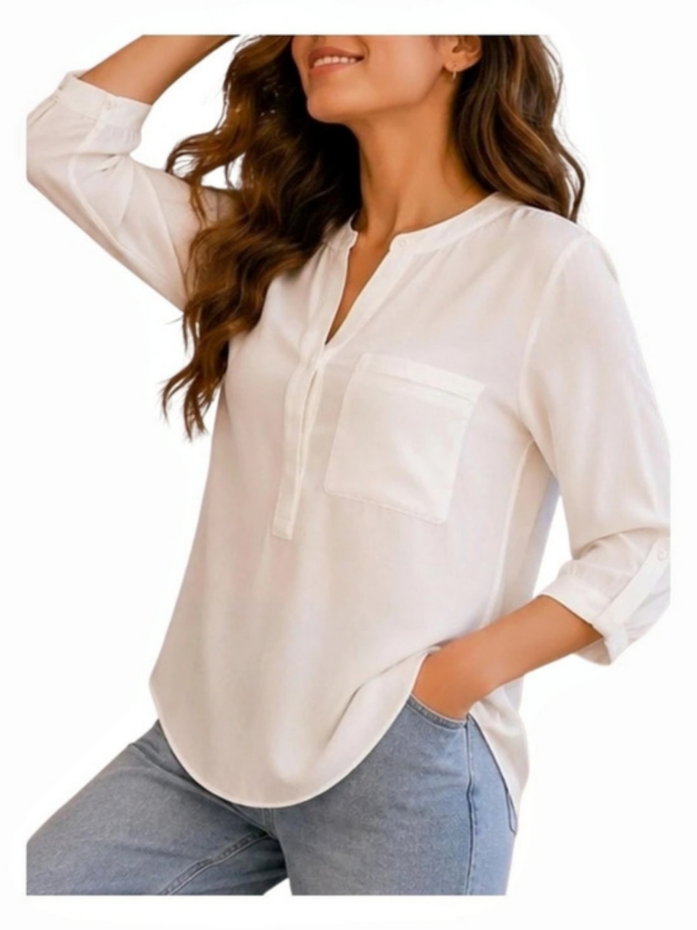 NYDJ Blouse Womens XL Cream Pleat Back Henley Shirt 3/4 Sleeve Sheer Ivory Top